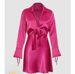 NEW Satin Flare Sleeve Tie On Front Mini Dress